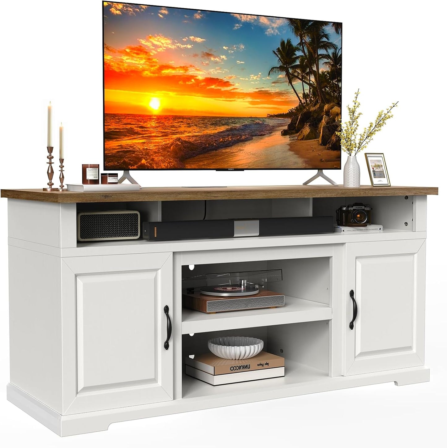 Marsail Modern Farmhouse TV Stand, Entertainment Center with Storage Cabinets, Adjustable Shelves and Power Outlets for Televisions up to 80 Inch, TV Console Table for Living Room, Brown