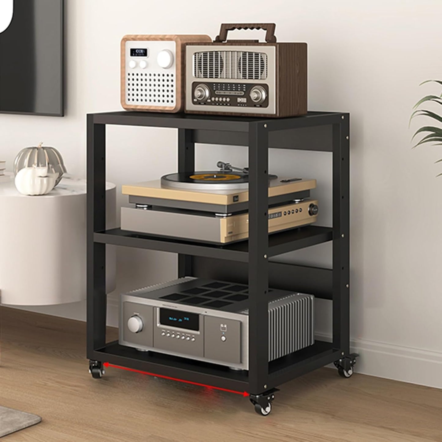 Stereo Stand Record Player Stand with Vinyl Storage Modern with Wheels Audio-Video Media Stand 5-Tier Shelves Audio Video Record Player Stand Cabinet Router DVD Shelf Corner TV Entertainment Center(55