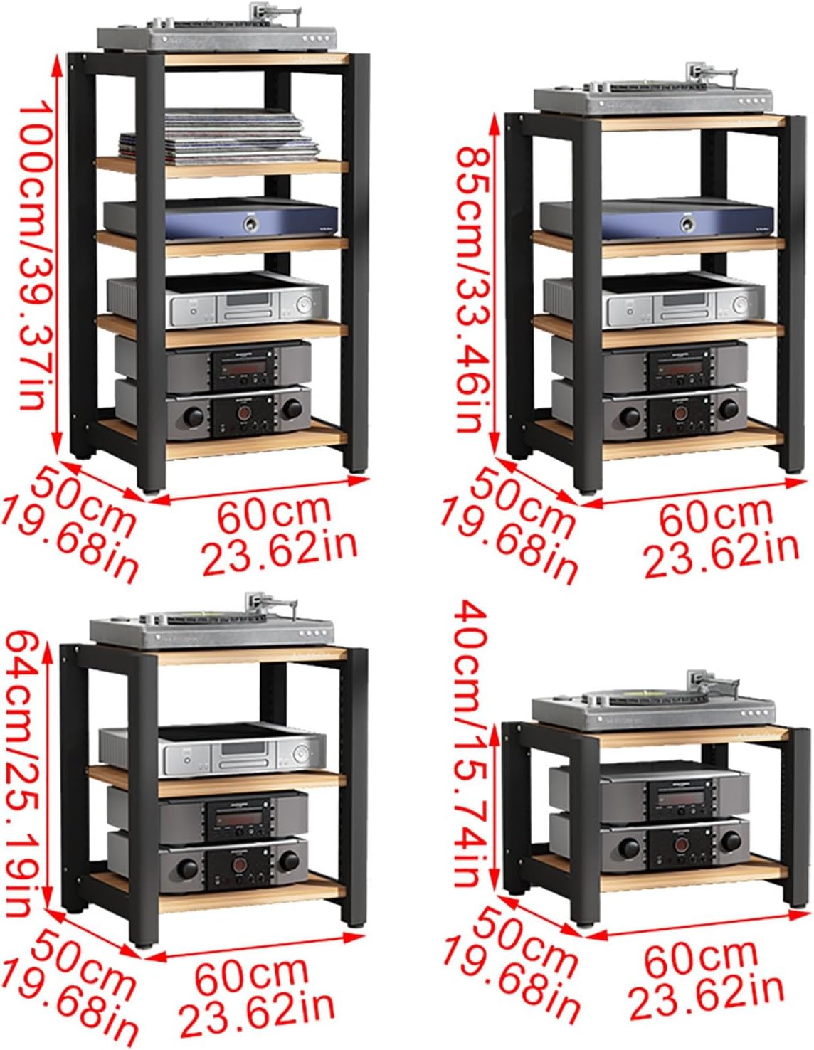 Stereo Stand Audio Rack Gaming Shelf Record Player Stand AV Media Stand Corner Shelf with Wooden Shelves CD DVD Display Cabinet for Projector PS5 DVD Player Game Console Cable Box.(Walnut,60x50x40cm)