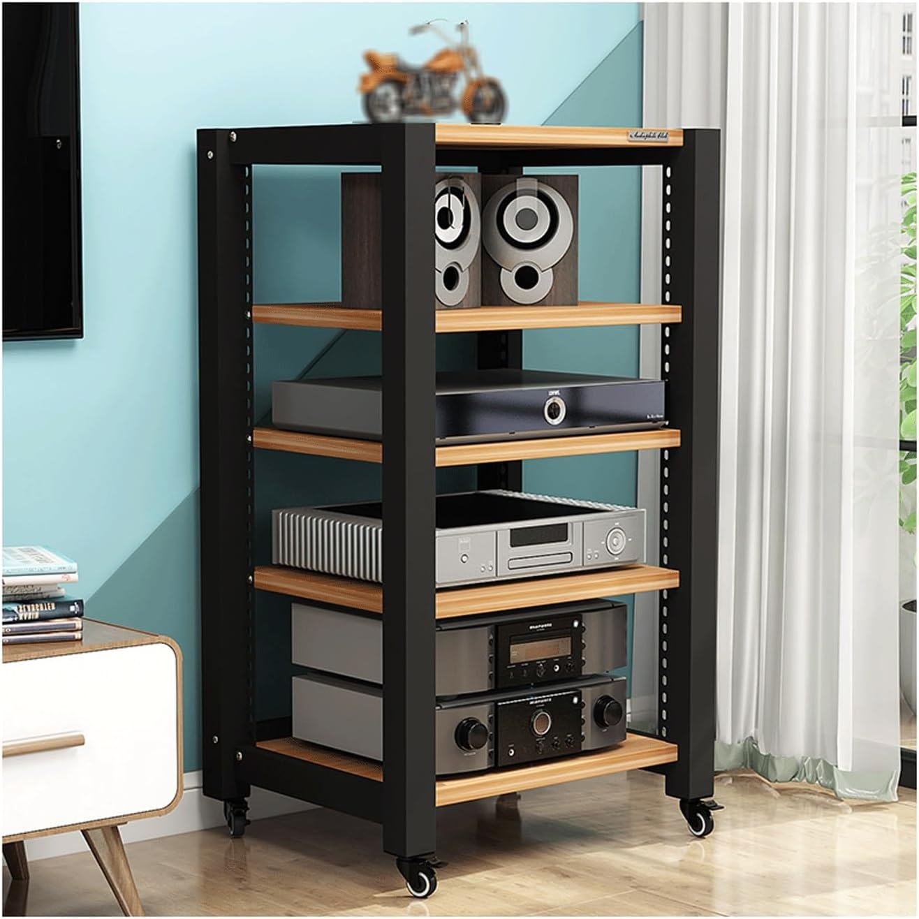 AV Media Stand with Wheels HiFi Stand Adjustable Media Storage Shelves Wooden Audio Rack Tower Stereo Cabinet for CD Player Video Game Console(Black,5 Tier)