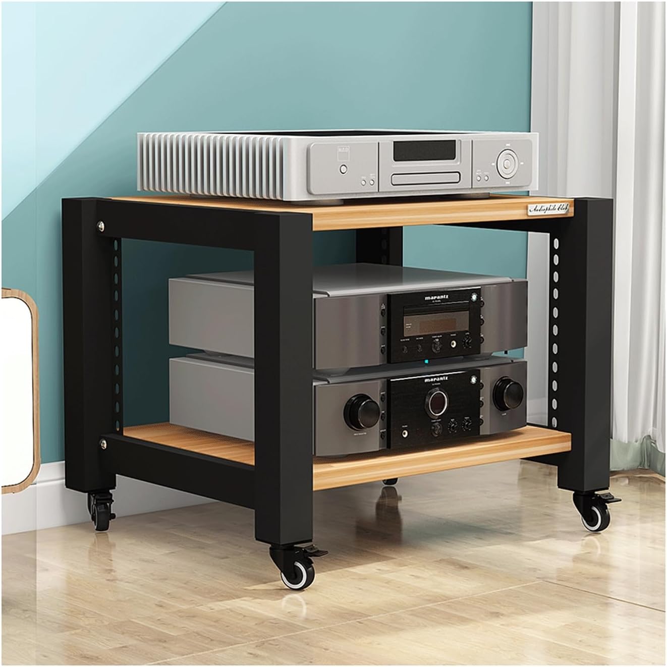 AV Media Stand with Wheels HiFi Stand Adjustable Media Storage Shelves Wooden Audio Rack Tower Stereo Cabinet for CD Player Video Game Console(Black,5 Tier)