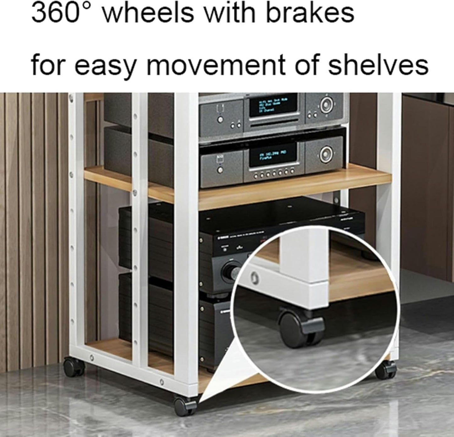 3-Tier Movable Media Stand Audio/Video Rack CD Player Stand Stereo Component Storage Cabinet with Height Adjustable Wooden Shelf for Home/Office/Theater