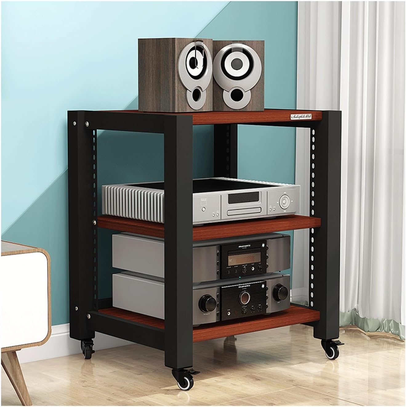 AV Media Stand with Wheels HiFi Stand Adjustable Media Storage Shelves Wooden Audio Rack Tower Stereo Cabinet for CD Player Video Game Console(Black,5 Tier)