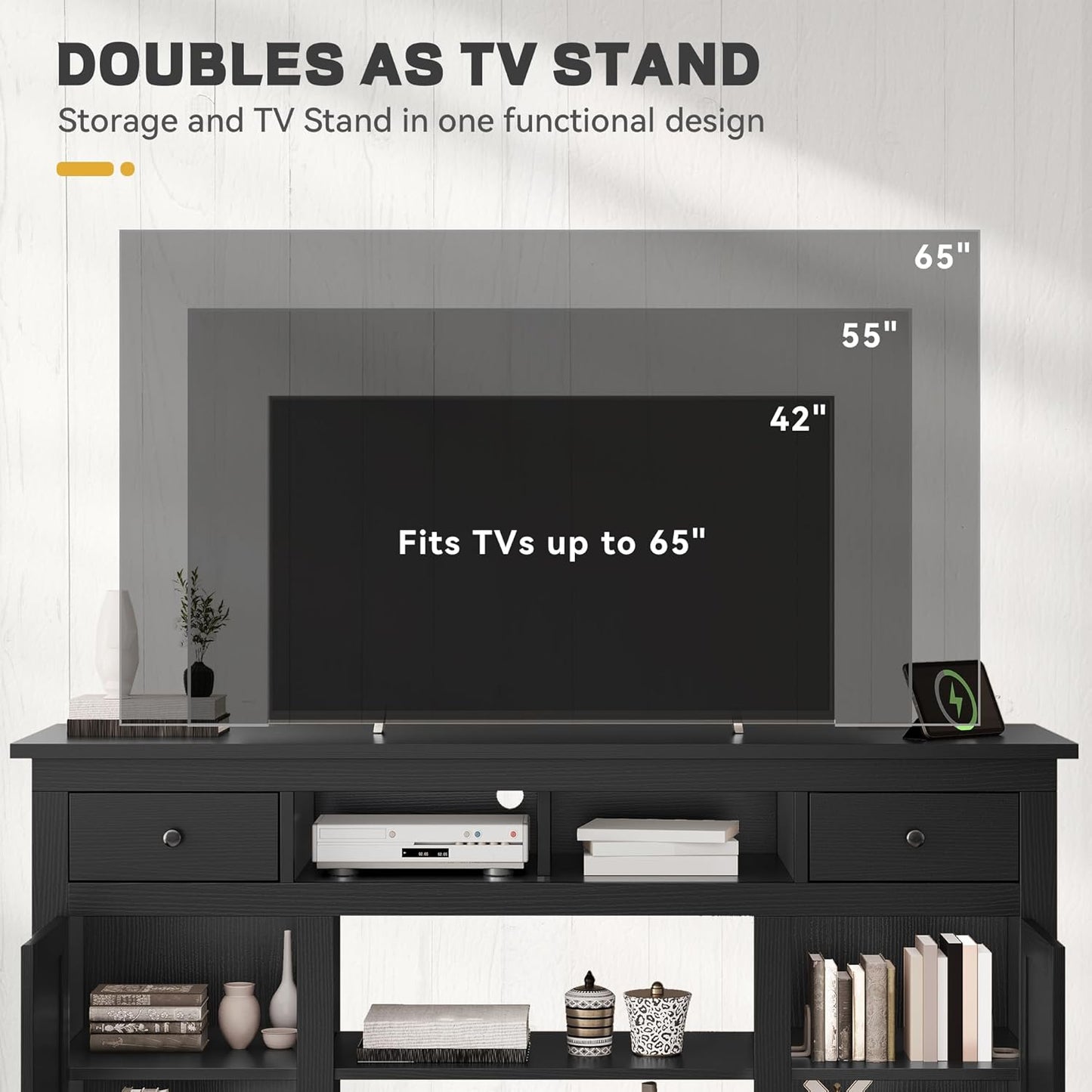 YITAHOME Farmhouse TV Stand for 65-Inch TV, Entertainment Center with Storage Cabinets & Drawers, TV Console for Living Room, Black