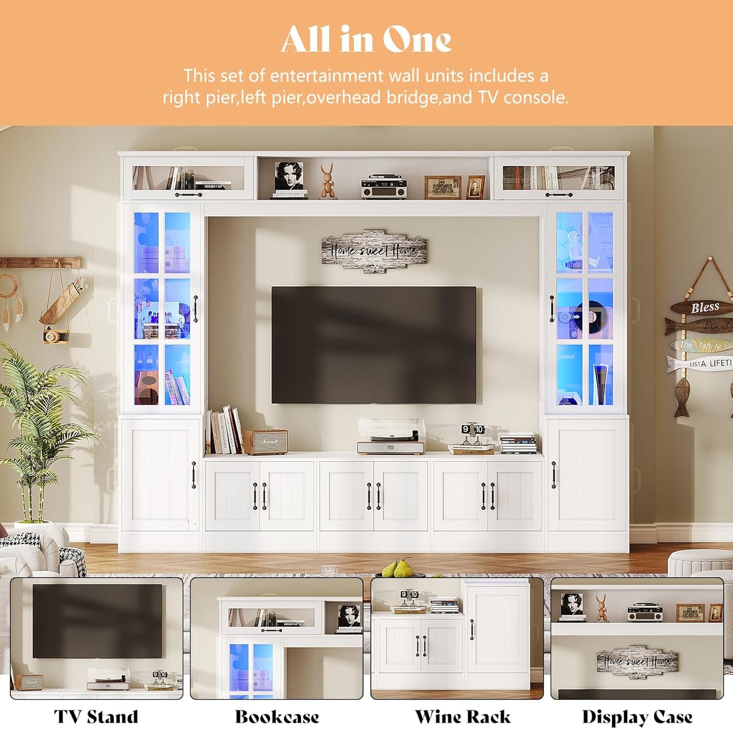 AMERLIFE 98" W Wall Unit TV Stand with Storage for TVs up to 80", Modern TV Console with LED Lights, Entertainment Center with Bookshelves for Living Room, White