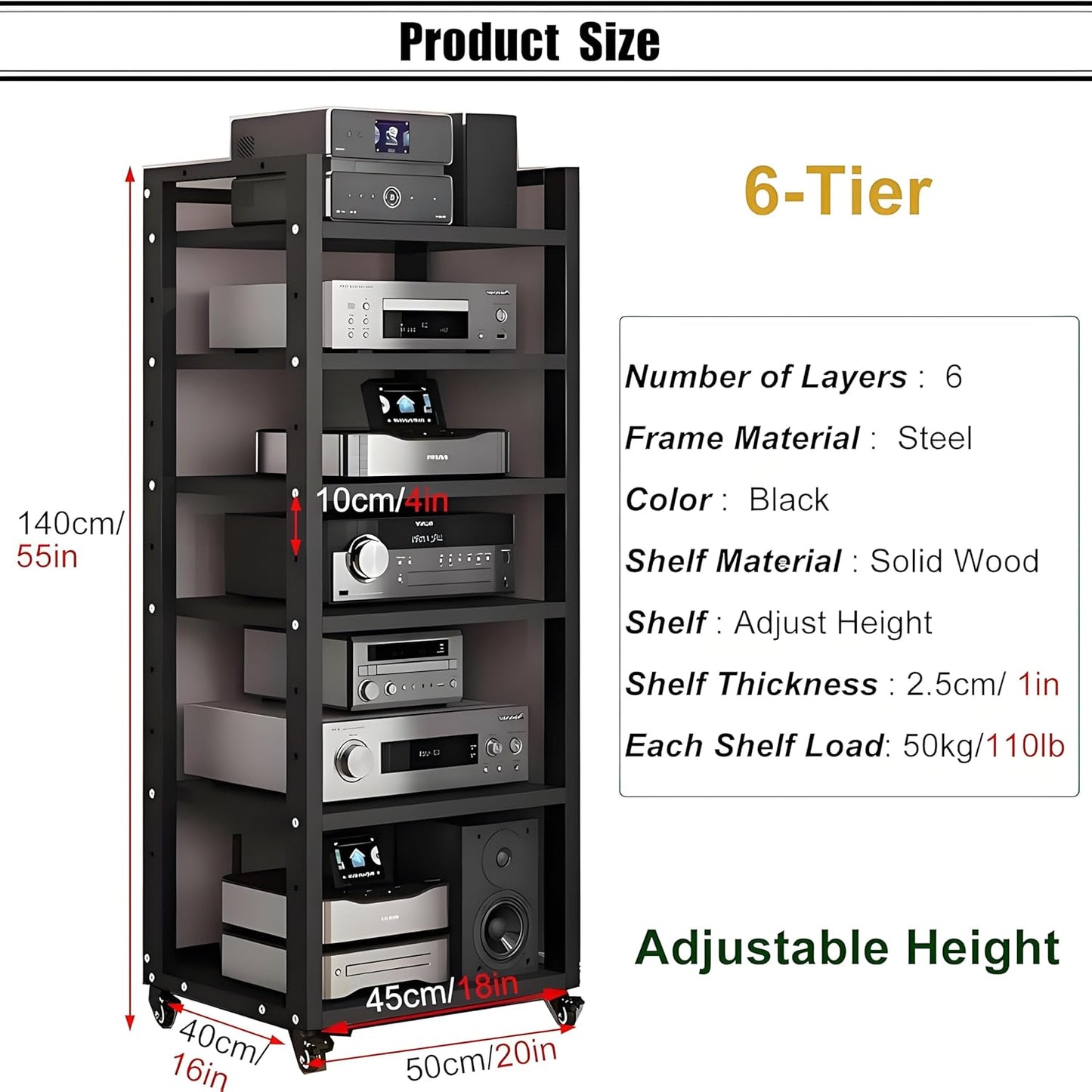 AV Media Stand, Audio Rack Stereo Cabinet, Adjustable Media Storage Shelves with Wheels, CD Player Video Audio Video Corner Shelf,for Home, Office and Theater,Brown
