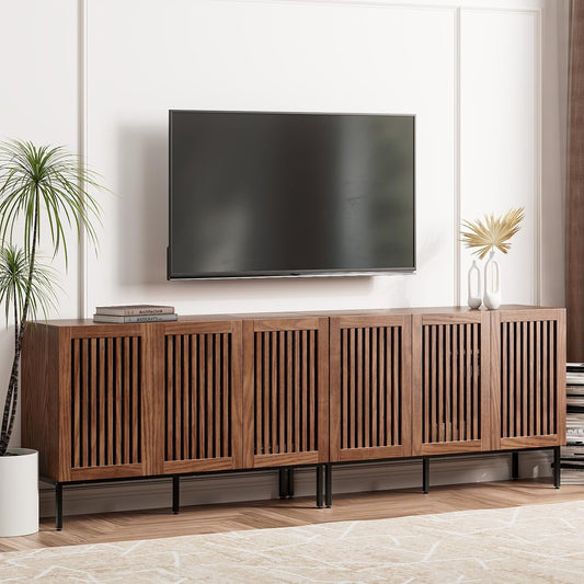 Farmhouse TV Stand for TVs up to 100 inch, 2 in 1 Entertainment Center TV Console with Storage Cabinets and Metal Base,Brown Media Console for Living Room