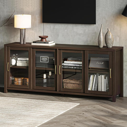 Dowinx 70" Modern TV Stand for TVs up to 75 inch with Storage, Glass Cabinet Door Entertainment Center, Tv Console for Living Room Bedroom, Deep Brown