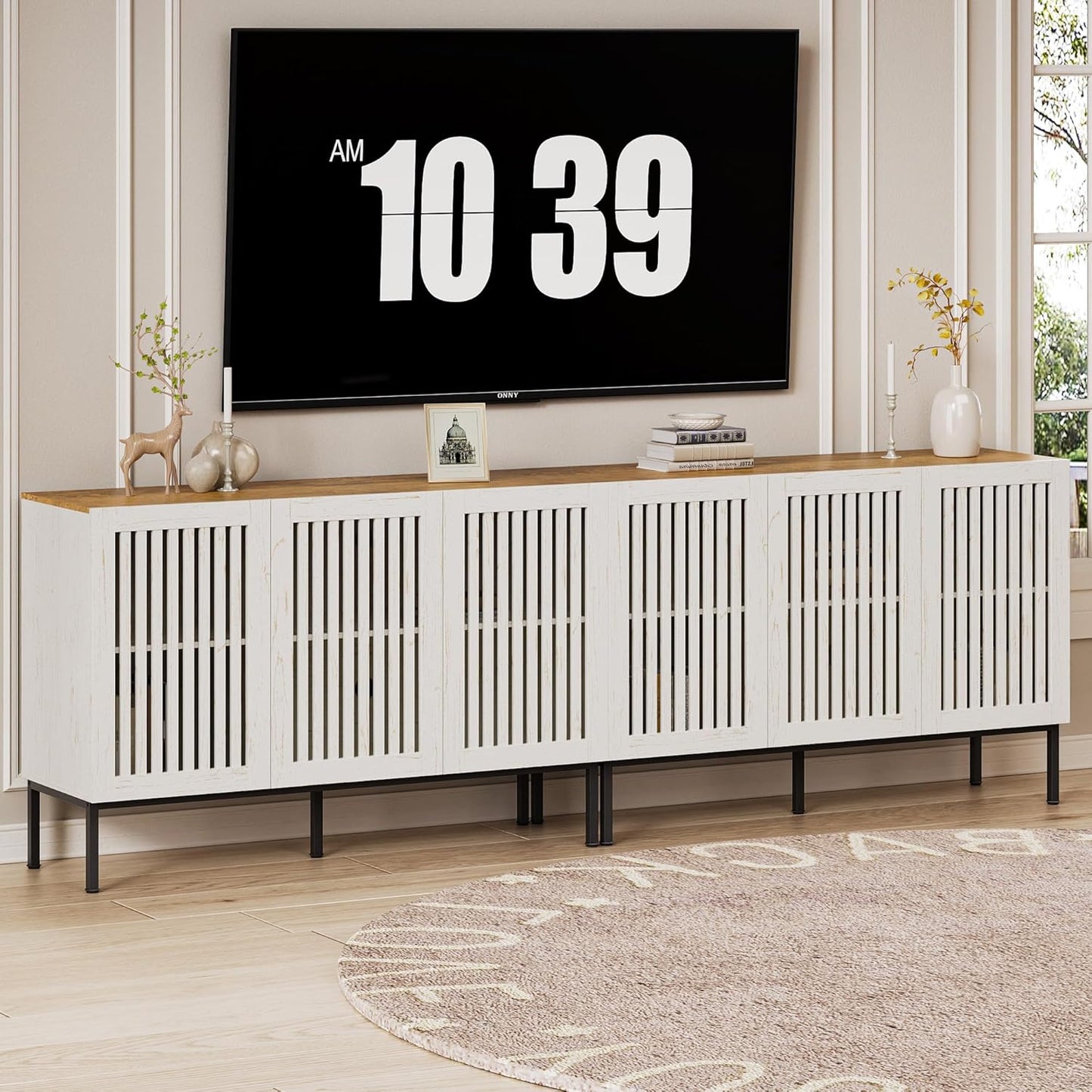 Farmhouse TV Stand for TVs up to 100 inch, 2 in 1 Entertainment Center TV Console with Storage Cabinets and Metal Base,Brown Media Console for Living Room