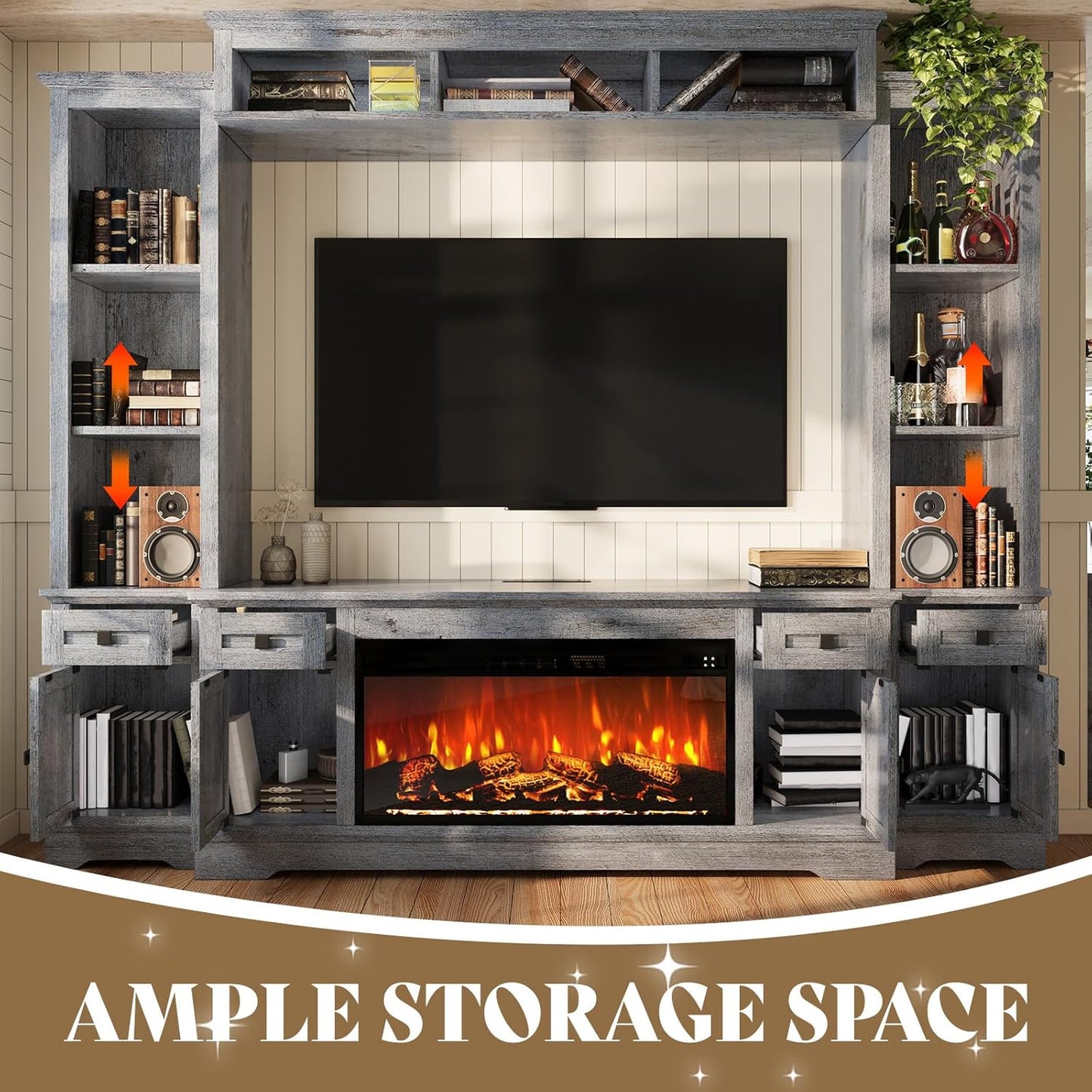 AMERLIFE 98in Farmhouse Entertainment Center with 36" Fireplace, TV Stand, Bookshelves, Wine Cabinet, Fits 75" TVs, Large Wall Unit Media Console with Power Outlets & Barn Doors, Living Room, Grey