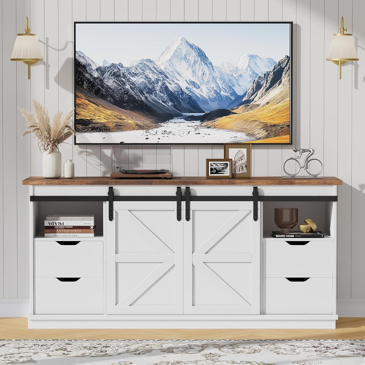JUMMICO TV Stand with 4 Drawers for 65 Inch TV, Entertainment Center with Storage Cabinets and Sliding Barn Doors, Mid Century Modern Media TV Console Table for Living Room Bedroom (Bright White)