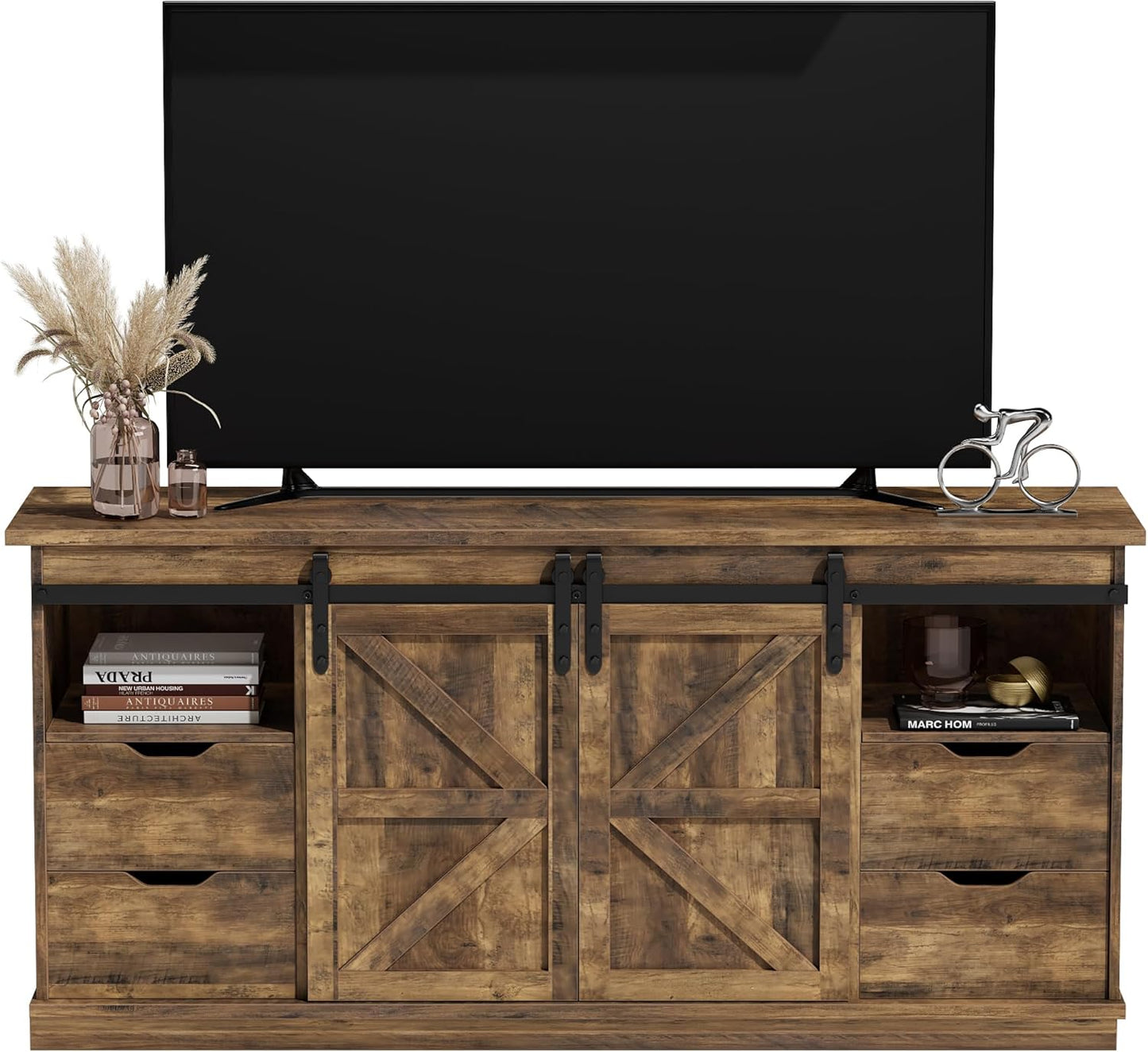 JUMMICO TV Stand with 4 Drawers for 65 Inch TV, Entertainment Center with Storage Cabinets and Sliding Barn Doors, Mid Century Modern Media TV Console Table for Living Room Bedroom (Bright White)
