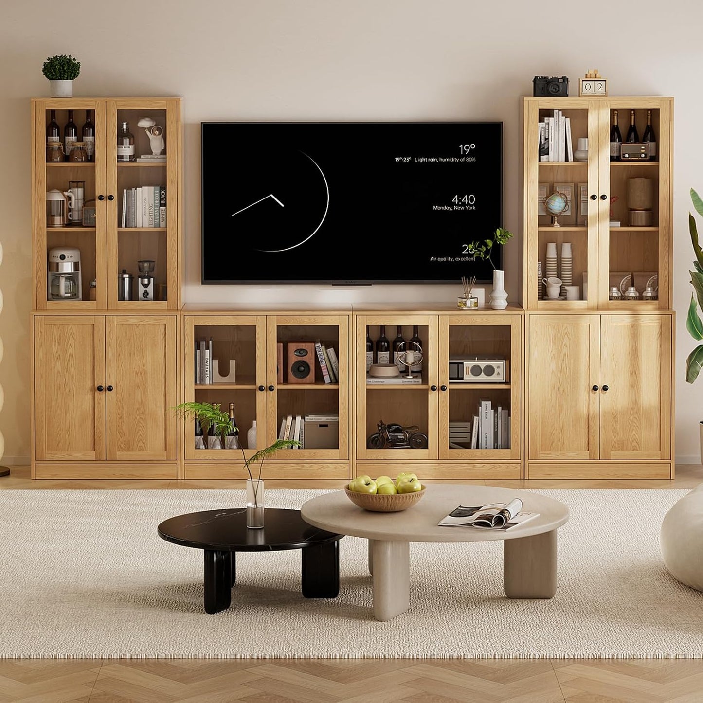 TUSY 4-Piece Large TV Stand with Bookshelves for TVs up to 75", TV Entertainment Center Media Center with Tempered Glass Doors and Shelves, TV Hutch for Living Room (Wood)