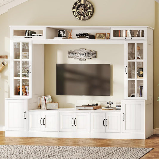 AMERLIFE 98" W Wall Unit TV Stand with Storage for TVs up to 80", Modern TV Console with LED Lights, Entertainment Center with Bookshelves for Living Room, White