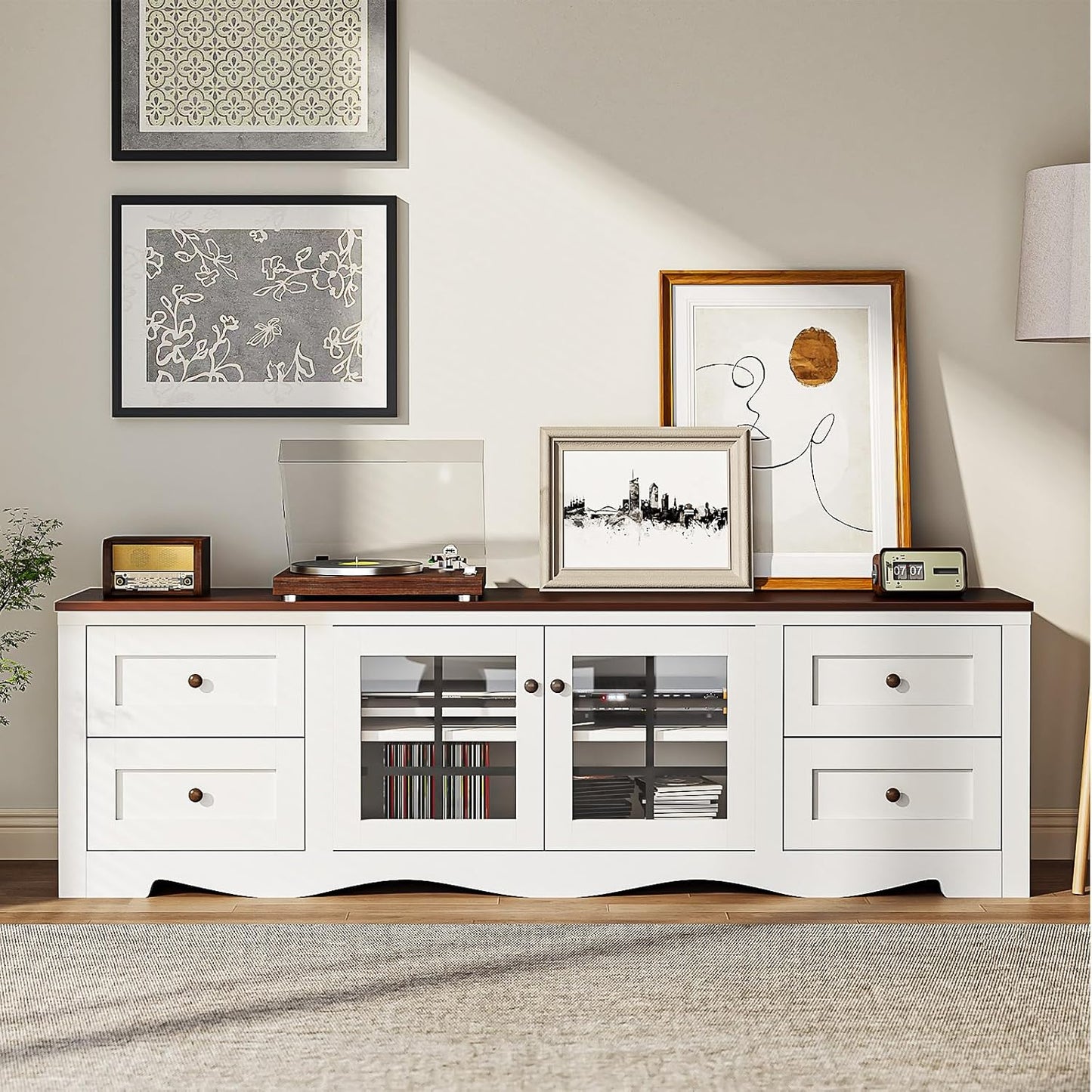 oneinmil 70" Modern TV Stands for for Living Room, Wood Entertainment Center with 4 Large Drawers, TV Console with Glass Door Storage Cabinet, TV Stand for TVs up to 75", White