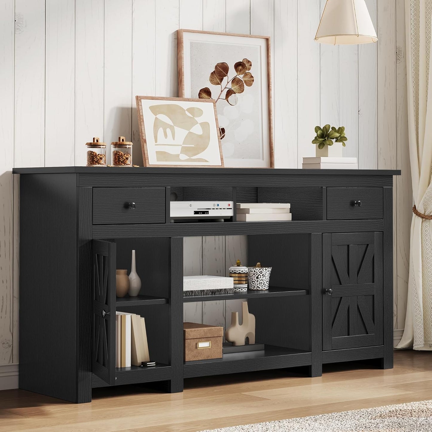 YITAHOME Farmhouse TV Stand for 65-Inch TV, Entertainment Center with Storage Cabinets & Drawers, TV Console for Living Room, Black