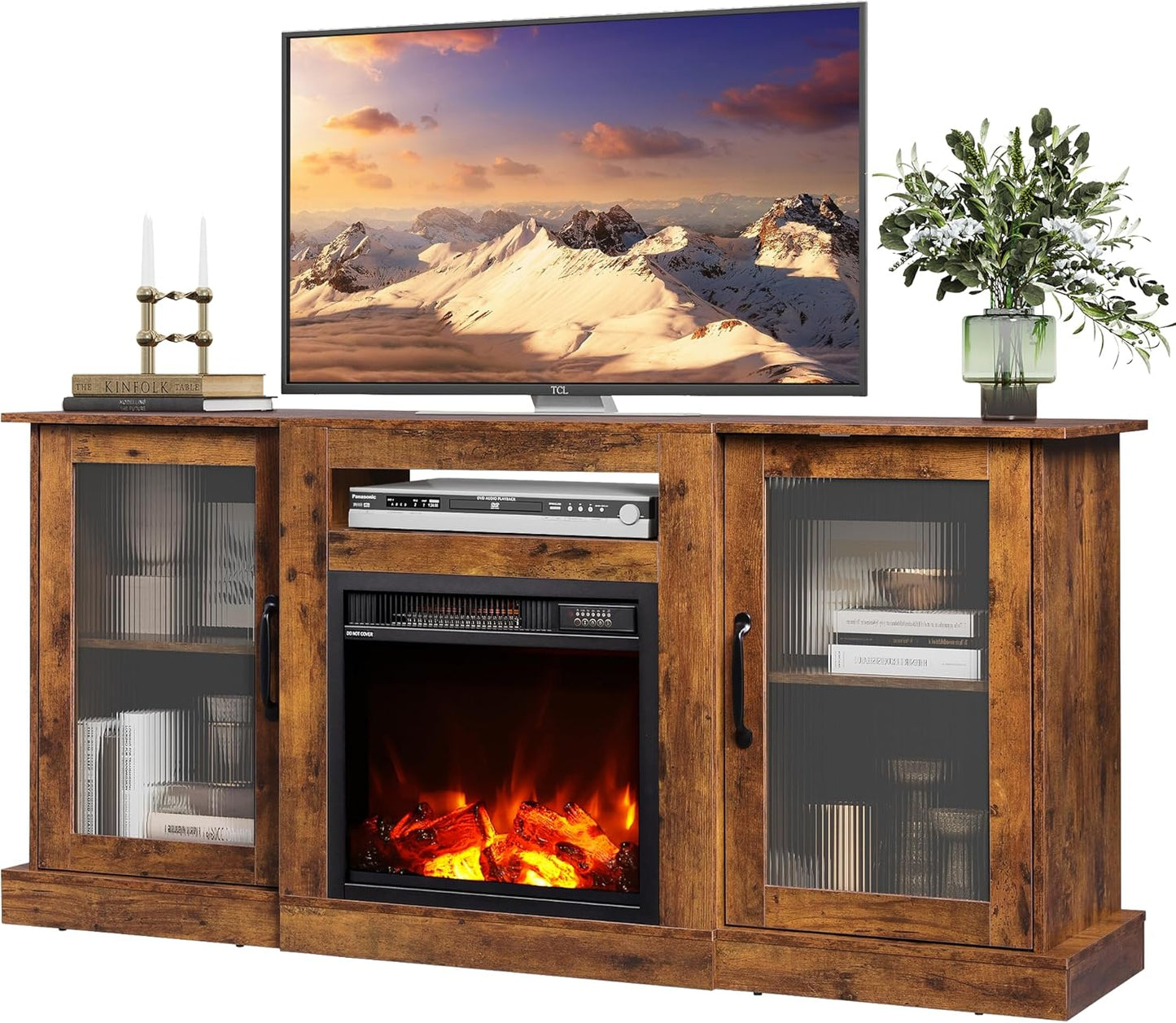 WLIVE Retro TV Stand for 65 inch TV, TV Console Cabinet with Storage, Open Shelves Entertainment Center for Living Room and Bedroom, Black