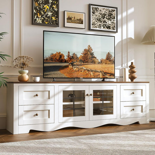 oneinmil 70" Modern TV Stands for for Living Room, Wood Entertainment Center with 4 Large Drawers, TV Console with Glass Door Storage Cabinet, TV Stand for TVs up to 75", White