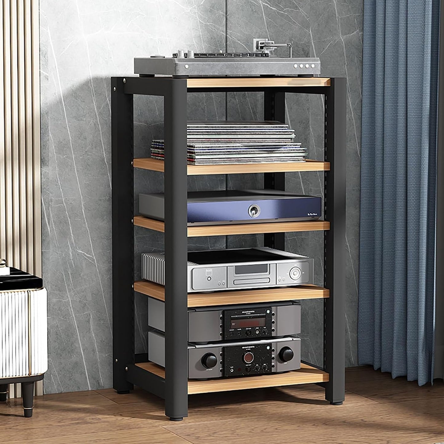 Stereo Stand Audio Rack Gaming Shelf Record Player Stand AV Media Stand Corner Shelf with Wooden Shelves CD DVD Display Cabinet for Projector PS5 DVD Player Game Console Cable Box.(Walnut,60x50x40cm)