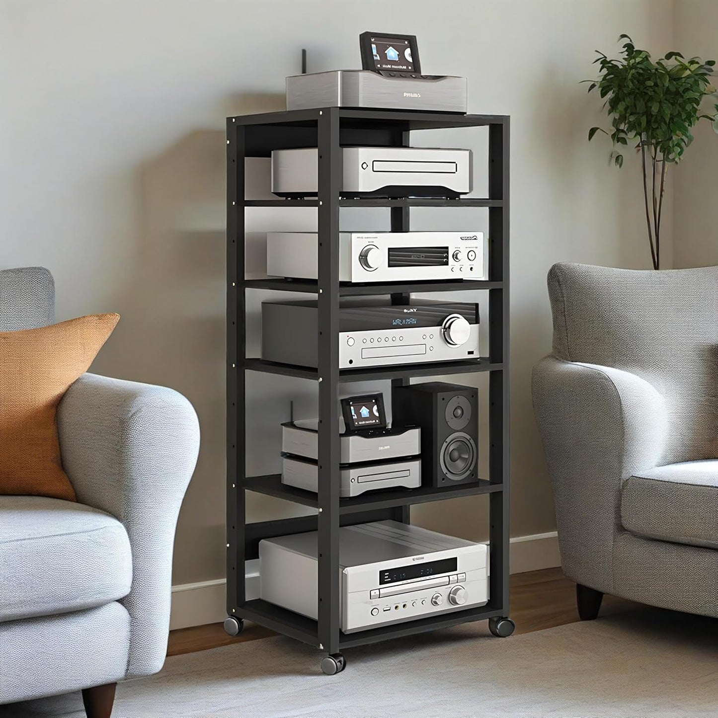 AV Media Stand, Audio Rack Stereo Cabinet, Adjustable Media Storage Shelves with Wheels, CD Player Video Audio Video Corner Shelf,for Home, Office and Theater,Brown
