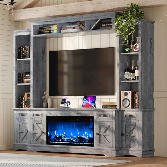 AMERLIFE 98in Farmhouse Entertainment Center with 36" Fireplace, TV Stand, Bookshelves, Wine Cabinet, Fits 75" TVs, Large Wall Unit Media Console with Power Outlets & Barn Doors, Living Room, Grey